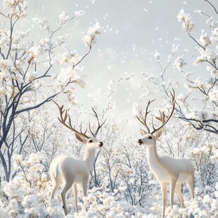 雪林双鹿唯美冬日景象