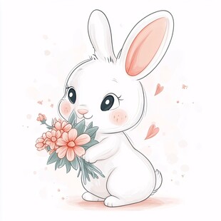 可爱白兔捧花萌态十足
