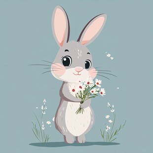 抱花的可爱小灰兔