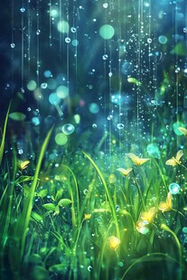 梦幻雨夜草地中的飞舞精灵