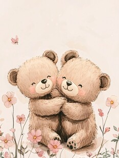 可爱小熊花丛中温馨相拥