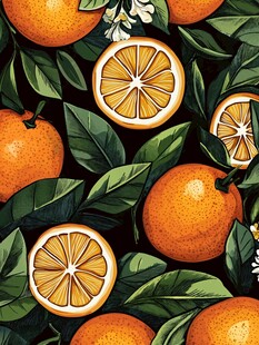 柑橘叶花图案的清新插画