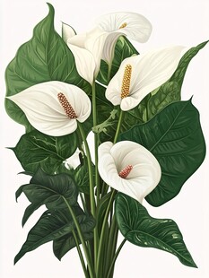 白色海芋花与绿叶插画