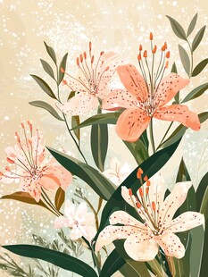 浪漫粉色百合花插画