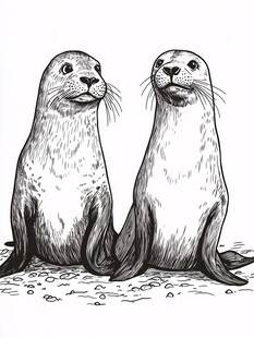两只海狮的黑白插画