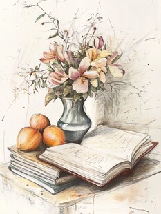静物绘 花瓶书籍与水果