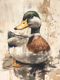 水彩画中的绿头野鸭