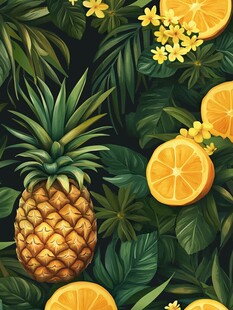 热带水果与绿植梦幻插画
