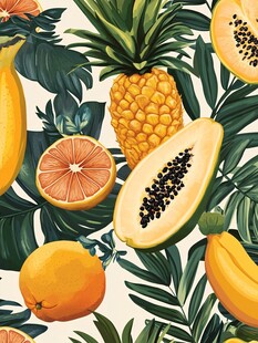 热带水果与绿植的清新图案