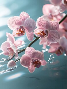 粉色蝴蝶兰绽放于水畔