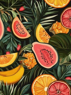 热带水果与绿叶的缤纷图案