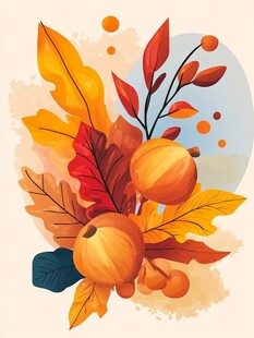 秋日缤纷果实与落叶插画