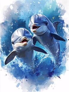 双海豚畅游水彩海洋图