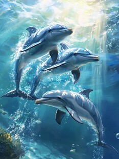 三只海豚畅游蓝色海洋