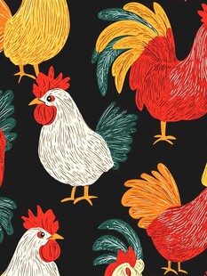 多彩公鸡图案的趣味插画