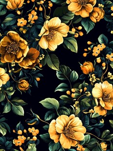 黑色背景上的金黄花卉图案