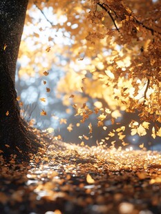 秋日树下落叶纷飞美景