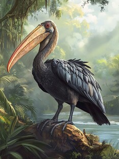 巨嘴怪鸟立于丛林岩石间