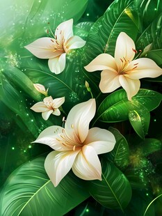 梦幻绿叶间的洁白花朵