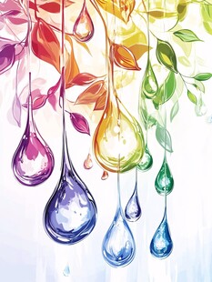 彩色水滴与垂落枝叶插画