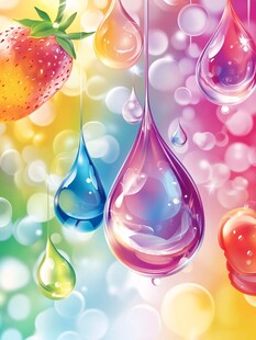 梦幻果汁滴与多彩水果背景