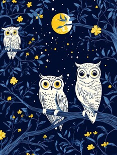 月夜下的三只猫头鹰