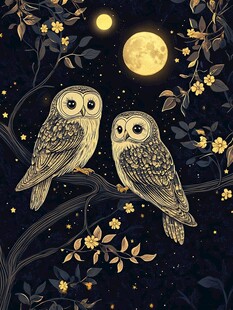 月夜双猫头鹰栖息图