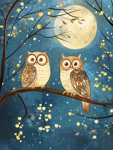 月夜下的双猫头鹰