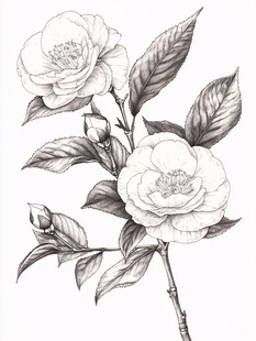 黑白手绘山茶花枝干图