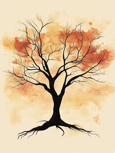 秋树水墨风艺术插画