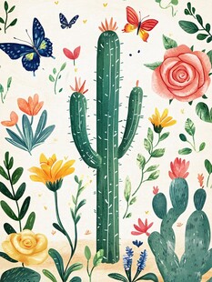 仙人掌与花卉的梦幻插画
