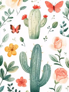 水彩仙人掌花卉蝴蝶图案