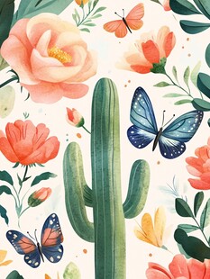 仙人掌与花卉蝴蝶插画