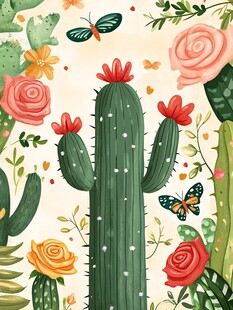 仙人掌与花卉的梦幻插画