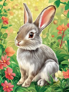 花丛中的可爱灰兔子