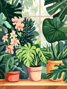 窗边多彩盆栽植物插画