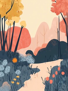 秋日山林小径插画风景