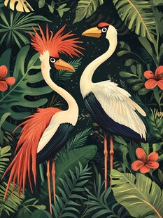 热带丛林中的双鹤插画