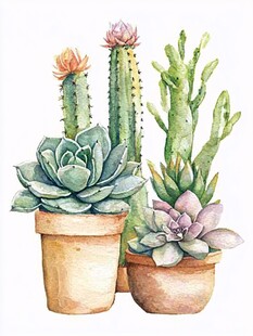 水彩风多肉仙人掌盆栽图