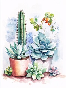 水彩绘多肉仙人掌组合