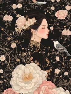 古风佳人伴花鸟图