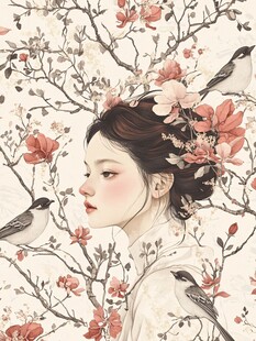 古风佳人花间鸟儿相伴