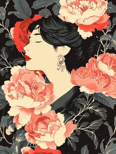 花丛中的优雅东方女性