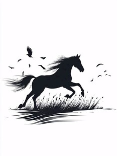 奔腾骏马与飞鸟水墨图景