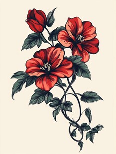 红花朵与藤蔓精美插画