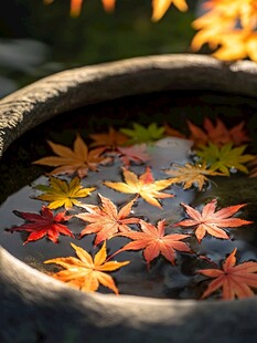 石钵中飘零的绚烂枫叶