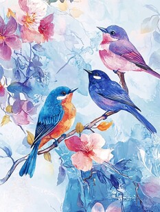 花鸟水彩画 灵动鸟儿栖繁花