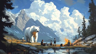 北极巨熊旁的户外露营场景