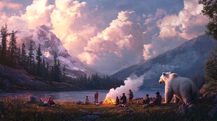 山野篝火旁的奇幻动物之景