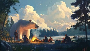 巨熊旁的露营奇妙场景